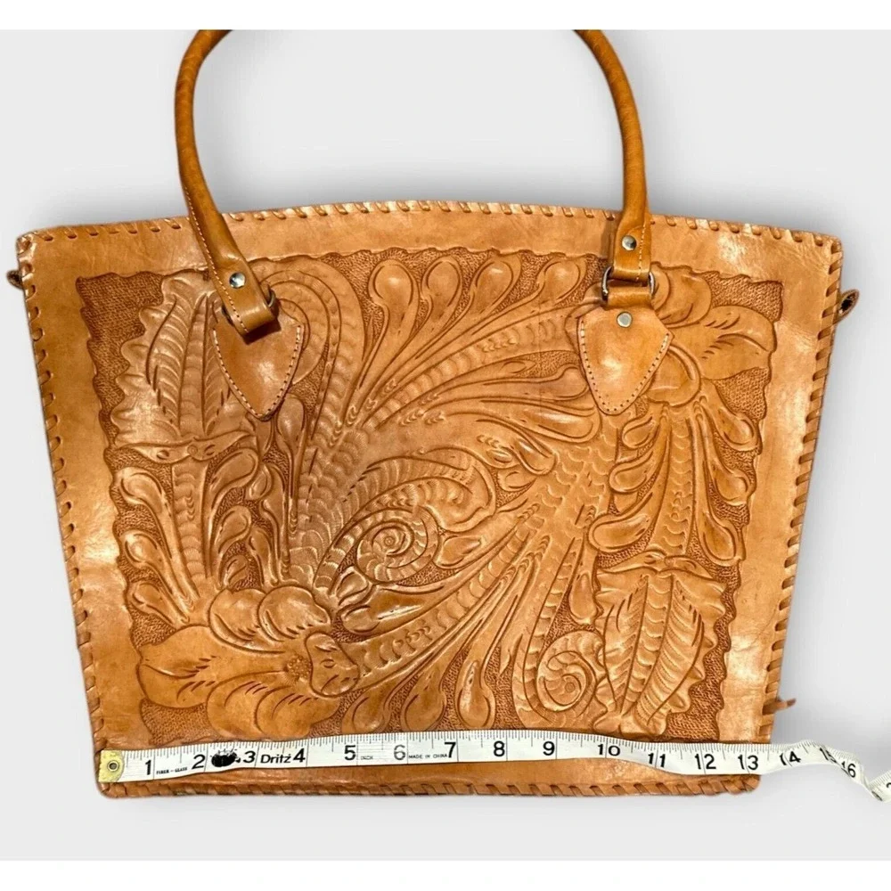 Womens Leather Natural‎ Grain Tote Handbag Embossed Tooled Zip Top 16